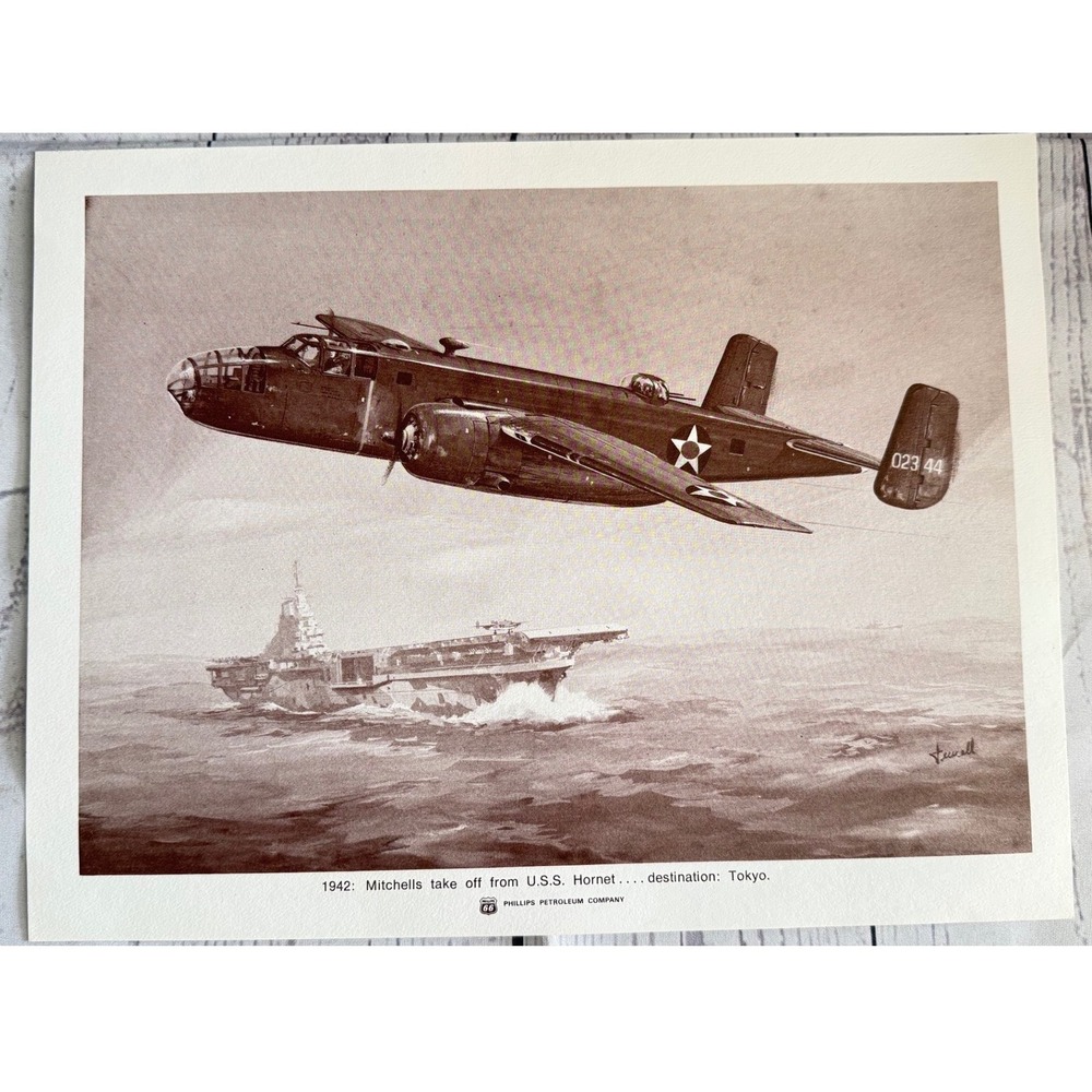 Vintage Phillips Petroleum WWII B-25 Mitchell USS Hornet Doolittle Raid Print